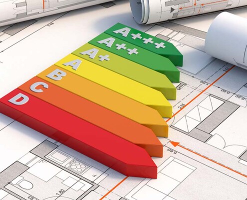 Eine Skala für Energieverbrauch auf einer Zeichnung von Grundrissen - Energetisch Sanieren