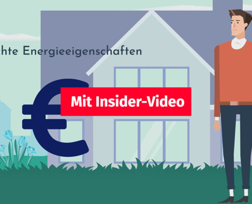 Animation: Ein Mann steht vor einem Haus und überlegt, wie er den Wert seiner Immobilie erhalten kann, neben ihm steht ein große Euro-Zeichen, und im Vordergrund steht ein Button mit "Mit Insider-Video" | Werterhalt durch Energieeffizienz