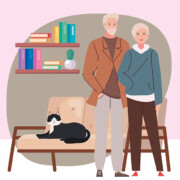 Illustration, zwei Senioren stehen in ihrem Wohnzimmer vor einem Sofa, auf dem eine Katze liegt, einem Regal an der Wand und sind froh über ihren altersgerechten Umbau | Altersgerechter Umbau