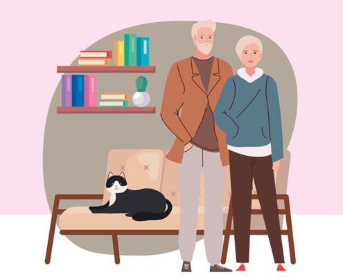 Illustration, zwei Senioren stehen in ihrem Wohnzimmer vor einem Sofa, auf dem eine Katze liegt, einem Regal an der Wand und sind froh über ihren altersgerechten Umbau | Altersgerechter Umbau