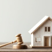 Ein Hausmodell aus Holz neben einem Richterhammer