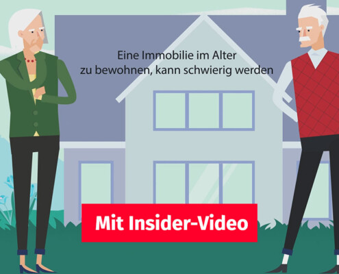 Zeichnung zum Thema Wohnen im Alter: Senioren stehen vor ihrem Haus und überlegen, ob sie zu ihren Kindern ziehen.