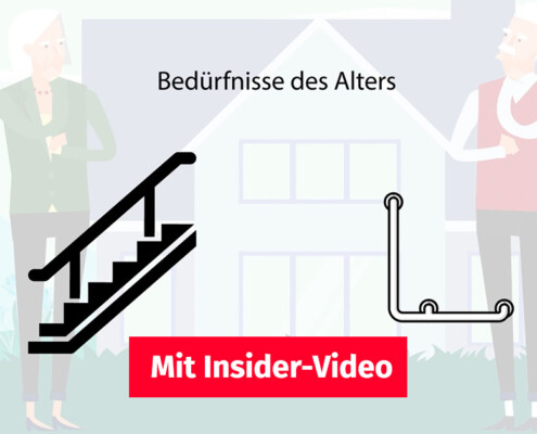 Zeichnung: Treppenstufen und Rolatorstangen werden symbolisch für Bedürfnisse im Alter und den barrierefreien Umbau auf einem transparent weißen Hintergrund dargestellt.