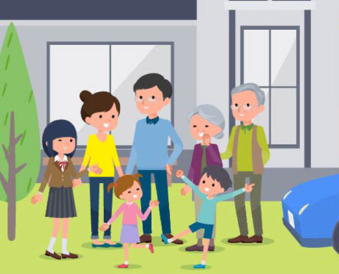 Eine Familie aus Eltern, Kindern und Großeltern steht vor dem gemeinsamen Haus, daneben stehen Bäume und ein blaues Auto | Mehrgenerationenhaus