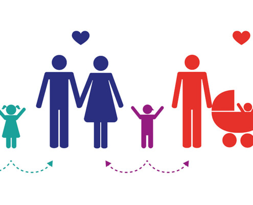 Bunter Papierschnitt mit Symbolmenschen, Erwachsenen und Kindern, die eine Patchworkfamilie darstellen | Immobilie erben Patchworkfamilie
