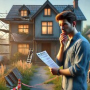 ein Mann ratlos vor einem Haus, der einen Vertrag oder Exposé für Immobilie in der Hand hält