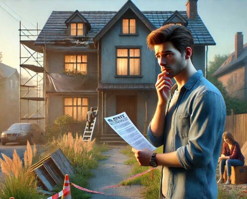 ein Mann ratlos vor einem Haus, der einen Vertrag oder Exposé für Immobilie in der Hand hält