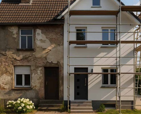 ein geteiltes Haus, halbsaniert und halb unsaniert