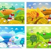 Illustration einer Landschaft mit Bauernhaus in den vier Jahreszeiten Frühling, Sommer, Herbst und Winter | Immobilienverkauf