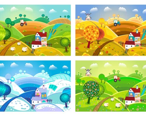 Illustration einer Landschaft mit Bauernhaus in den vier Jahreszeiten Frühling, Sommer, Herbst und Winter | Immobilienverkauf