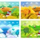 Illustration einer Landschaft mit Bauernhaus in den vier Jahreszeiten Frühling, Sommer, Herbst und Winter | Immobilienverkauf