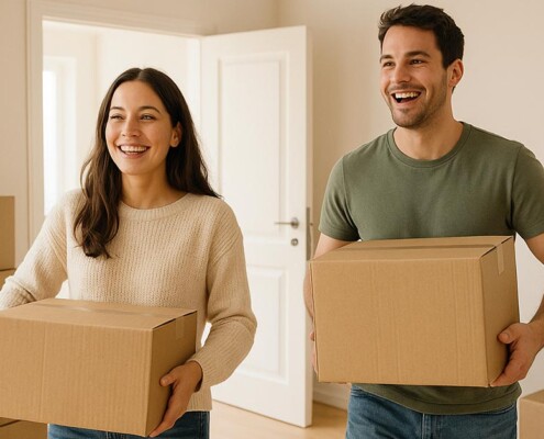 Ein glückliches Paar zieht in die Traumimmobilie ein, die es ohne Eigenkapital gekauft hat | Immobilienkauf