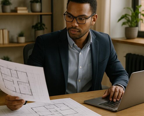 Ein Selbständiger sitzt in seinem Homeoffice am Schreibtisch und checkt Finanzierungs- und Immobilienunterlagen auf Papier und am Laptop | Immobilienfinanzierung