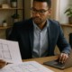 Ein Selbständiger sitzt in seinem Homeoffice am Schreibtisch und checkt Finanzierungs- und Immobilienunterlagen auf Papier und am Laptop | Immobilienfinanzierung