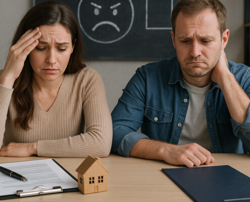 ein unglückliches Paar mit Kaufvertrag für Haus