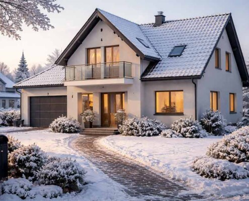 Ein Einfamilienhaus im Schnee als Symbolbild für den Immobilienverkauf im Winter | Immobilienverkauf