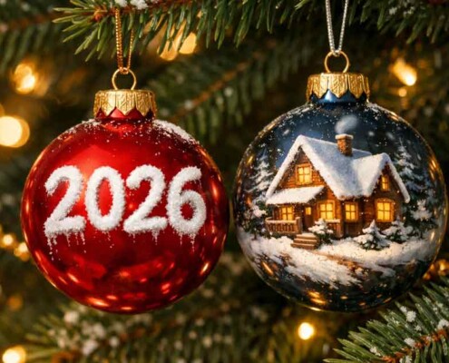 Zwei Christbaumkugeln am Tannenbaum: eine rote Kugel mit der Aufschrift „2026“ und eine Kugel mit verschneitem Hausmotiv – Symbolbild für Immobilienkauf, Finanzierung und Eigenheim-Träume 2026. | Immobilienkauf