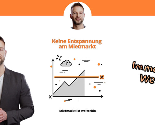 Standbild aus dem Video: Grafische Darstellung mit stilisierter Stadtsilhouette und Wohnhäusern unter einem wechselhaften Himmel, darüber eingeblendeter Titel „Immobilien-Wetter“. Immobilienmarkt