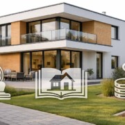 Modernes Einfamilienhaus in einer Wohnsiedlung, davor halbtransparente Icons für Notar und Recht, Grundbuch sowie Steuern und Gebühren – symbolische Darstellung der Kaufnebenkosten beim Immobilienkauf. | Immobilienkauf Nebenkosten