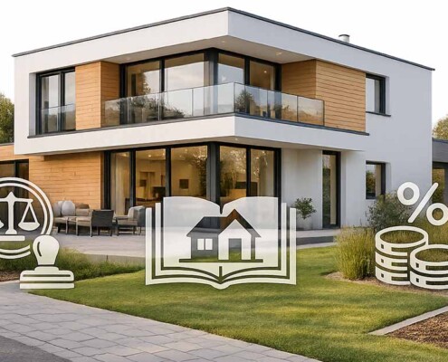 Modernes Einfamilienhaus in einer Wohnsiedlung, davor halbtransparente Icons für Notar und Recht, Grundbuch sowie Steuern und Gebühren – symbolische Darstellung der Kaufnebenkosten beim Immobilienkauf. | Immobilienkauf Nebenkosten