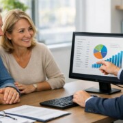 Finanzierungsberater erklärt einem Paar am Schreibtisch anhand von Diagrammen auf dem Bildschirm die finanziellen Möglichkeiten beim Hausverkauf trotz laufender Immobilienfinanzierung. | Immobilienverkauf