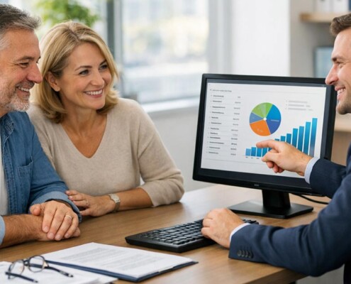 Finanzierungsberater erklärt einem Paar am Schreibtisch anhand von Diagrammen auf dem Bildschirm die finanziellen Möglichkeiten beim Hausverkauf trotz laufender Immobilienfinanzierung. | Immobilienverkauf