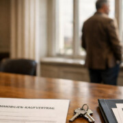 Realistische, hochwertige Fotografieszene in einem modernen Besprechungsraum kurz vor einem Notartermin. Im Vordergrund liegt ein Immobilien-Kaufvertrag ordentlich auf einem Holztisch, daneben ein Füller, ein Hausschlüssel und eine Mappe mit Grundrissplänen. Im Hintergrund steht ein eleganter Verkäufer in Business-Casual-Kleidung seitlich am großen Fenster, mit dem Rücken leicht zur Kamera, und blickt nachdenklich hinaus in die Stadt. Natürliches Tageslicht, ruhige, aber leicht angespannte Stimmung, professionelle Bildästhetik, warme Farbtöne, geringe Tiefenschärfe, Fokus auf den Tisch im Vordergrund. - Symbolbild für geplatzten Immobilienverkauf | Immobilienverkauf