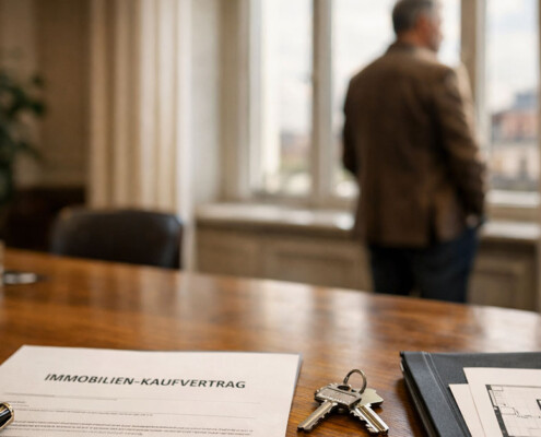 Realistische, hochwertige Fotografieszene in einem modernen Besprechungsraum kurz vor einem Notartermin. Im Vordergrund liegt ein Immobilien-Kaufvertrag ordentlich auf einem Holztisch, daneben ein Füller, ein Hausschlüssel und eine Mappe mit Grundrissplänen. Im Hintergrund steht ein eleganter Verkäufer in Business-Casual-Kleidung seitlich am großen Fenster, mit dem Rücken leicht zur Kamera, und blickt nachdenklich hinaus in die Stadt. Natürliches Tageslicht, ruhige, aber leicht angespannte Stimmung, professionelle Bildästhetik, warme Farbtöne, geringe Tiefenschärfe, Fokus auf den Tisch im Vordergrund. - Symbolbild für geplatzten Immobilienverkauf | Immobilienverkauf