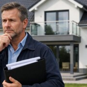 Ein Immobilienerbe steht vor der Immobilie, die er geerbt hat, unter dem linken Arm hält er die Hypothekenunterlagen, er überlegt, was jetzt die beste Lösung für sein Immobilienerbe ist | Erbimmobilie