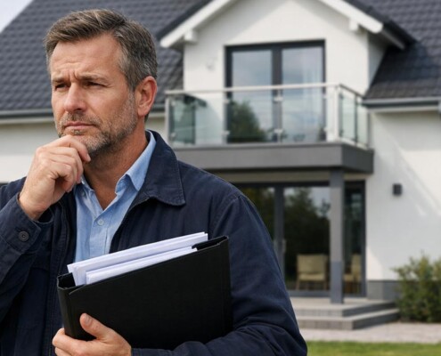 Ein Immobilienerbe steht vor der Immobilie, die er geerbt hat, unter dem linken Arm hält er die Hypothekenunterlagen, er überlegt, was jetzt die beste Lösung für sein Immobilienerbe ist | Erbimmobilie