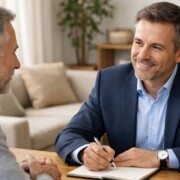 Fotorealistische Beratungsszene in einem modernen, hellen Büro oder Wohnraum. Ein professioneller Immobilienmakler sitzt einem privaten Immobilieneigentümer gegenüber. Beide wirken ruhig, vertrauensvoll und im Gespräch vertieft. Auf dem Tisch liegen ein hochwertiges Immobilien-Exposé, ein Tablet mit Grundrissdarstellung und Notizen. Natürliches Tageslicht, warme Farben, aufgeräumte Umgebung. Realistischer Stil, hohe Bildqualität, dezente Tiefenschärfe. | Makleralleinauftrag