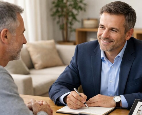 Fotorealistische Beratungsszene in einem modernen, hellen Büro oder Wohnraum. Ein professioneller Immobilienmakler sitzt einem privaten Immobilieneigentümer gegenüber. Beide wirken ruhig, vertrauensvoll und im Gespräch vertieft. Auf dem Tisch liegen ein hochwertiges Immobilien-Exposé, ein Tablet mit Grundrissdarstellung und Notizen. Natürliches Tageslicht, warme Farben, aufgeräumte Umgebung. Realistischer Stil, hohe Bildqualität, dezente Tiefenschärfe. | Makleralleinauftrag
