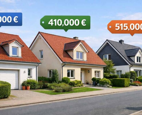 Eine europäische Vorstadtstraße mit mehreren ähnlichen Einfamilienhäusern in einer Reihe, über jedem Haus schwebt ein unterschiedliches Preisschild (320000 €, 410000 €, 515000 €), saubere moderne Nachbarschaft. Vergleichswertverfahren