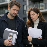 Ein Paar steht nach einer Wohnungsbesichtigung vor einem modernen Mehrfamilienhaus. In der Hand halten sie Unterlagen, ihre Mimik wirkt nachdenklich und leicht enttäuscht – als hätten sie gerade eine Chance verpasst. Finanzierungsbestätigung