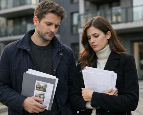 Ein Paar steht nach einer Wohnungsbesichtigung vor einem modernen Mehrfamilienhaus. In der Hand halten sie Unterlagen, ihre Mimik wirkt nachdenklich und leicht enttäuscht – als hätten sie gerade eine Chance verpasst. Finanzierungsbestätigung