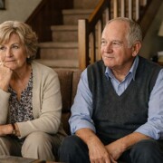 Barrierefreier Umbau Ein älteres Ehepaar um die 65–75 Jahre sitzt nebeneinander in ihrem Wohnzimmer eines klassischen Einfamilienhauses aus den 1970er oder 1980er Jahren. Beide wirken ruhig, nachdenklich und leicht unsicher. Ihre Körperhaltung zeigt inneres Abwägen. Der Raum strahlt Geschichte und gelebtes Leben aus: Familienfotos an der Wand, alte Bilderrahmen, ein Regal mit Fotoalben. Im Hintergrund sichtbar: eine Holztreppe, die ins Obergeschoss führt. Die Treppe wirkt steil. Sie symbolisiert die kommende Herausforderung. Barrierefreier Umbau