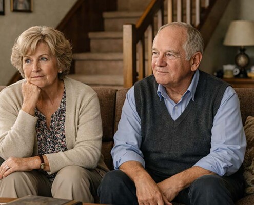 Ein älteres Ehepaar um die 65–75 Jahre sitzt nebeneinander in ihrem Wohnzimmer eines klassischen Einfamilienhauses aus den 1970er oder 1980er Jahren. Beide wirken ruhig, nachdenklich und leicht unsicher. Ihre Körperhaltung zeigt inneres Abwägen. Der Raum strahlt Geschichte und gelebtes Leben aus: Familienfotos an der Wand, alte Bilderrahmen, ein Regal mit Fotoalben. Im Hintergrund sichtbar: eine Holztreppe, die ins Obergeschoss führt. Die Treppe wirkt steil. Sie symbolisiert die kommende Herausforderung. Barrierefreier Umbau