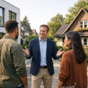 Junges diverses Paar steht mit einem Immobilienmakler zwischen zwei Häusern und entscheidet sich. Links ein modernes Neubauhaus mit großen Fenstern, rechts ein charmantes älteres Einfamilienhaus mit Garten. Neubau oder Bestand