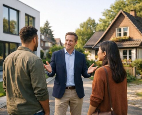 Junges diverses Paar steht mit einem Immobilienmakler zwischen zwei Häusern und entscheidet sich. Links ein modernes Neubauhaus mit großen Fenstern, rechts ein charmantes älteres Einfamilienhaus mit Garten. Neubau oder Bestand