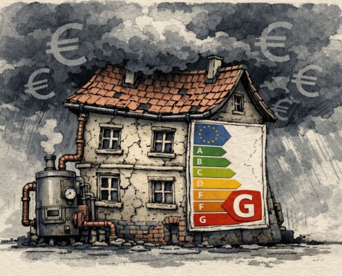 Illustration eines alten europäischen Hauses unter Druck: Rissige Fassade, alte Fenster und leicht verzerrte Form vermitteln Belastung. Dunkle Sturmwolken verstärken die dramatische Stimmung. Ein rotes Energieeffizienz-Label (Klasse G) sowie sichtbare alte Heizungsrohre und dezente Euro-Symbole im Hintergrund stehen für steigende Kosten und Sanierungsbedarf. Sanierungspflicht für alte Gebäude