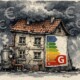 Illustration eines alten europäischen Hauses unter Druck: Rissige Fassade, alte Fenster und leicht verzerrte Form vermitteln Belastung. Dunkle Sturmwolken verstärken die dramatische Stimmung. Ein rotes Energieeffizienz-Label (Klasse G) sowie sichtbare alte Heizungsrohre und dezente Euro-Symbole im Hintergrund stehen für steigende Kosten und Sanierungsbedarf. Sanierungspflicht für alte Gebäude