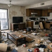 Verwahrloste Mietwohnung mit verstreutem Müll, beschädigten Möbeln und verschmutzter Küche als Sinnbild für Risiken wie Mietnomaden und andere. | Immobilienvermietung