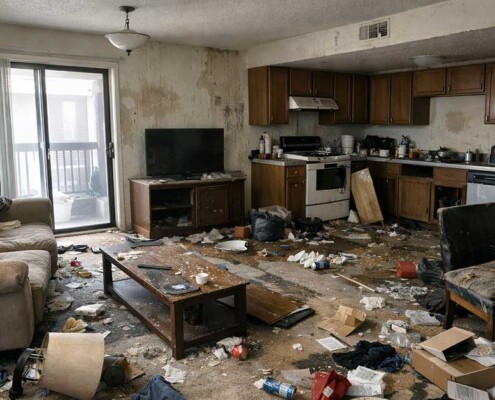 Verwahrloste Mietwohnung mit verstreutem Müll, beschädigten Möbeln und verschmutzter Küche als Sinnbild für Risiken wie Mietnomaden und andere. | Immobilienvermietung