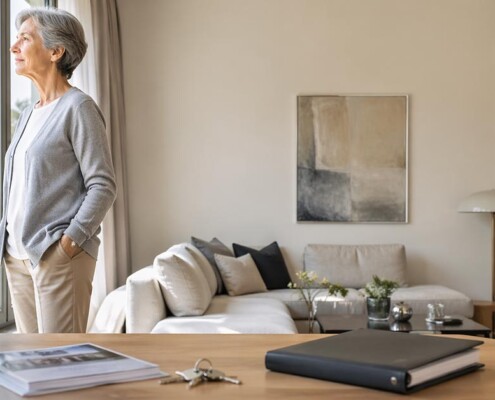 Ältere Frau steht an einem großen Fenster in einem hellen Wohnzimmer; auf dem Tisch im Vordergrund liegen Immobilienunterlagen, ein Schlüsselbund und ein Ordner - als Symbolbild für einen Immobilienverkauf mit eingetragenem Wohnrecht | Immobilienverkauf