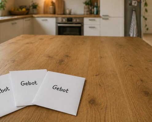 Drei Umschläge mit der Aufschrift ‚Gebot‘ auf einem Holztisch in moderner Küche, symbolisieren das Bieterverfahren beim Immobilienkauf. | Bieterverfahren