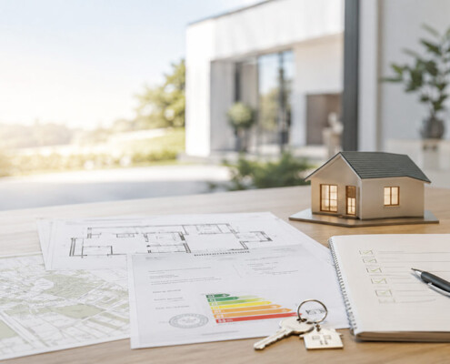 Dokumente, Grundrisse, Energieausweis, Schlüssel und Hausmodell auf einem Tisch als Symbol für wichtige Unterlagen beim Immobilienverkauf. - Verkaufsunterlagen