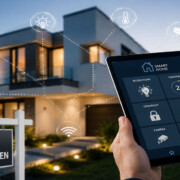 Eine Person steuert Smart-Home-Funktionen per Tablet vor einem modernen Haus mit Verkaufsschild und vernetzten Symbolen für Sicherheit, Energie und Beleuchtung. I Smart Home