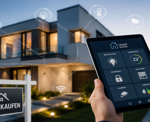 Eine Person steuert Smart-Home-Funktionen per Tablet vor einem modernen Haus mit Verkaufsschild und vernetzten Symbolen für Sicherheit, Energie und Beleuchtung. I Smart Home