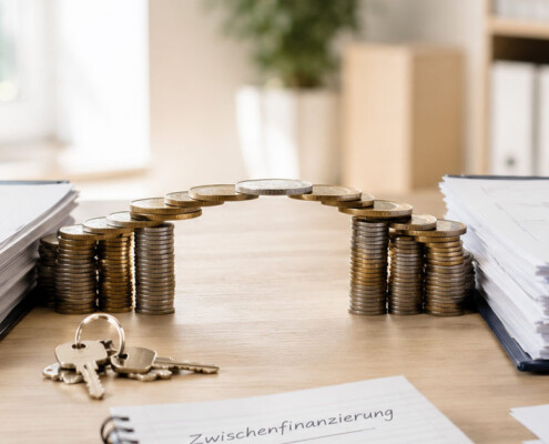Münzstapel in Form eines Hauses zwischen Immobilienunterlagen und Schlüsseln symbolisieren eine Zwischenfinanzierung beim Immobilienkauf. I Zwischenfinanzierung