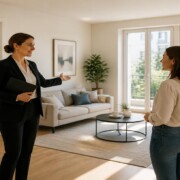 Besichtigungsmanagement bei einer Immobilie: Eine Immobilienmaklerin führt ein Paar durch eine moderne Wohnung und berät die Interessenten während der Besichtigung. I Besichtigungsmanagement